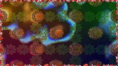 Renkli Yaz Temalı Kusursuz Arkaplan. Düz Çiçek Elementleri Tasarımı. Kahverengi ve yeşil renkli çiçekler. Çiçekli pürüzsüz retro desen.