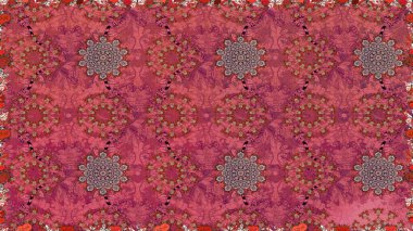 Raster Floral Illustration, Asyalı tekstil. Pembe ve kırmızı renklerde etnik çiçeklerle kusursuz bir desen..
