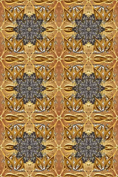 Altın antika ortaçağ dekoratifi, yapraklar ve kahverengi, bej ve gri renkte altın desenli süslemeleri olan pürüzsüz bir desen. Kusursuz kraliyet lüksü, altın barok kumaş rengi..