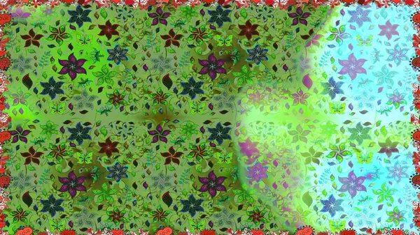 Çiçek buketleriyle klasik tarzda kusursuz desenler. Yeşil ve mavi renklerde. Raster illüstrasyonu.