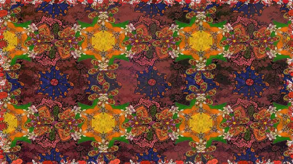 Çiçeksiz desenli nakış işlemeli gelincikler ve vadideki zambaklar. Tekstil tasarımı için kahverengi ve turuncu renkli geleneksel halk çiçekleri buketi.