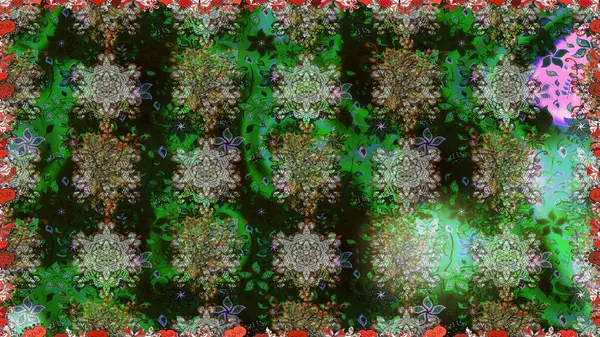 Retro tekstil tasarım koleksiyonu. Çiçekli ipek eşarp. 1950-1960 motifleri. El çizimi çiçek unsurları olan soyut, dikişsiz raster deseni. Yeşil ve gri üzerine yeşil ve gri.