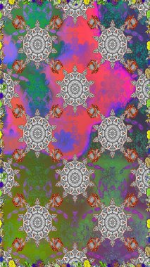 Raster deseni. Bahar çiçekleri dallı desen, gri ve yeşil renkler çiçekli siluet.