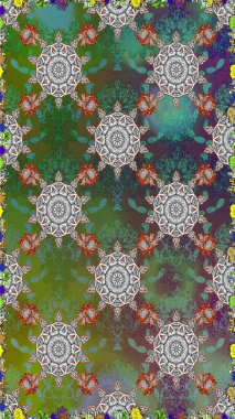 Yeşil ve gri çiçekli bahar çiçekleri. Küçük renkli çiçekler. Motley illüstrasyonu. Küçük çiçekte güzel bir desen. Moda baskıları için zarif bir şablon.