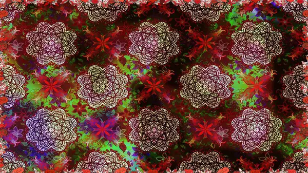 Raster illüstrasyonu. Raster deseni. Kahverengi ve kırmızı renklerde. Küçük çiçekteki sevimli çiçek deseni. Soyut çiçek pürüzsüz desen arkaplanı.