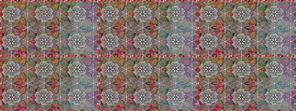 Halk tarzı. Modern çiçek arkaplanı. Moda baskıları için zarif bir şablon. Parlak renkli çiçekleri ve gri yaprakları olan, kusursuz çiçek desenleri..