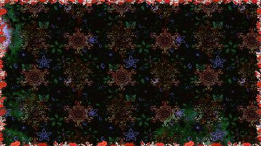 Parlak renkli çiçekleri ve siyah ve gri renkli yaprakları olan şaşırtıcı, pürüzsüz çiçek deseni. Modern çiçek arkaplanı. Halk tarzı. Moda baskıları için zarif bir şablon.