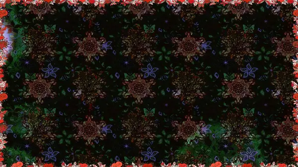 Parlak renkli çiçekleri ve siyah ve gri renkli yaprakları olan şaşırtıcı, pürüzsüz çiçek deseni. Modern çiçek arkaplanı. Halk tarzı. Moda baskıları için zarif bir şablon.