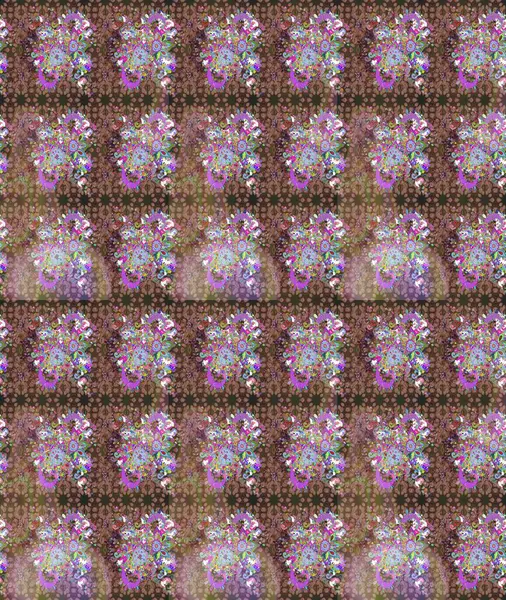 Renkli grunge, soyut arkaplanı colokahverengi çiçeklerle süslüyor. Parmak izi, kumaş, duvar kâğıdı, tekstil için raster dokusu. Nakış desenli çiçek deseni..