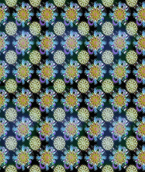 Raster Çiçek İllüstrasyonu güzel tekstil. Mavi ve nötr renklerde etnik çiçeklerle kusursuz bir desen..