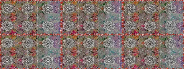 Halk tarzı. Modern çiçek arkaplanı. Moda baskıları için zarif bir şablon. Parlak renkli çiçekleri ve gri yaprakları olan, kusursuz çiçek desenleri..