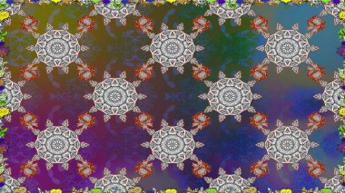 Yatak çarşafları, ceket, paket tasarımı, kumaş ve moda kavramları için tekstil baskısı. Kusursuz etnik tasarım. Çiçekleri, deniz kabukları, mandalaları ve suluboya efektleri olan deniz altyapısı.