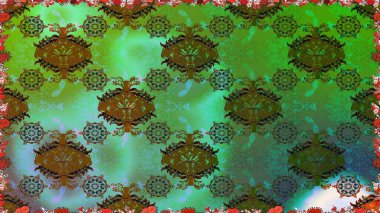 Nazik, narin çiçek arkaplanı. Çiçekli karalama şeklinde Raster çiçek deseni. Yeşil ve kahverengi renkte çiçekler.