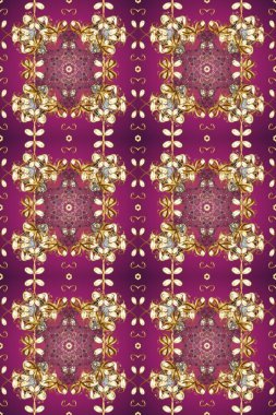 Kusursuz damaske klasik altın desen. Mor ve bej renklerde altın rengi ve altın elementler. Tekrarlayan elementlerle soyut arkaplan oluşturun. Raster illüstrasyonu.
