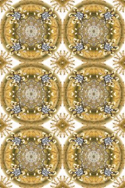 Raster illüstrasyonu. Doğum günü kartı, davetiye ya da afiş için iyidir. Bej ve nötr renklerde altın. Kusursuz ortaçağ çiçek deseni. Dekoratif simetri arabesk.