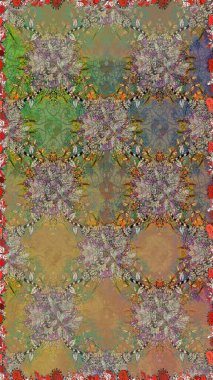 Çok renkli ve kahverengi zarif küçük çiçekler ve bej ve kahverengi renkli komik böcekler, raster desen, illüstrasyon.