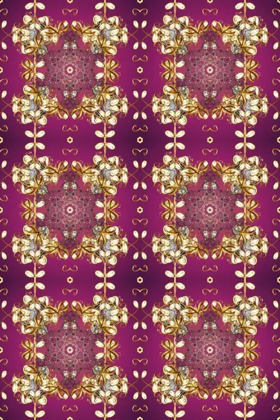 Kusursuz damaske klasik altın desen. Mor ve bej renklerde altın rengi ve altın elementler. Tekrarlayan elementlerle soyut arkaplan oluşturun. Raster illüstrasyonu.