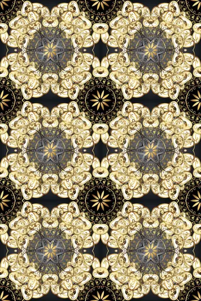 Kına dövmeli süs çiçekleri, altın çıkartmalar, mehndi ve yoga tasarımı, kartlar ve parmak izleri. Raster Golden Mehndi kusursuz desen. Bej, gri ve kahverengi renkte desen.