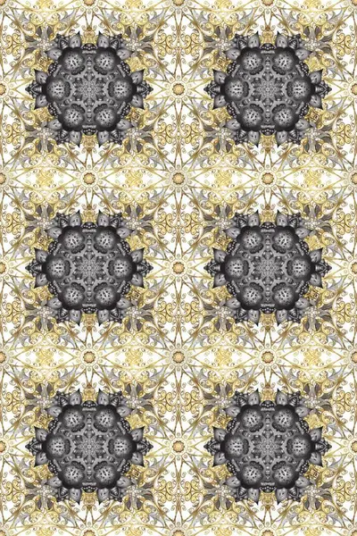 Gri, bej ve altın elementli nötr renklerde altın pürüzsüz desen. Noel, kar tanesi, yeni yıl. Gri, bej ve altın elementli nötr renklerde kusursuz vintage desen.