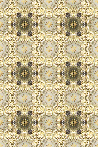 Kusursuz klasik raster altın desenli. Gri, bej ve altın elementli nötr renklerde kusursuz desen. Geleneksel oryantasyon süsü. Klasik vintage arkaplan.