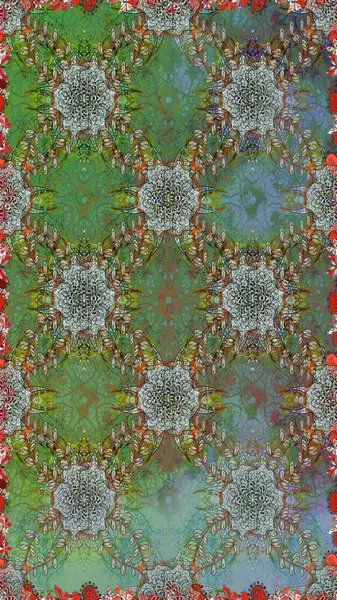 Kusursuz çiçek deseni. Asya tekstil tarzında. Renkli Bahar Temalı Kusursuz Arkaplan. Yeşil ve kahverengi renkli çiçekler. Raster illüstrasyonu. Düz Çiçek Elementleri Tasarımı.