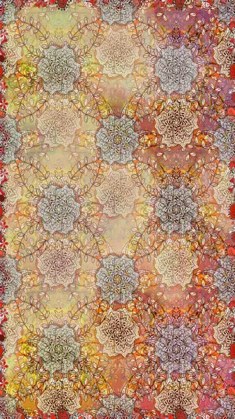 Parlak renkli fantezi çiçekleri, yapraklar, bej ve kahverengi renkli tomurcuklar, bej ve kahverengi. Çiçeksiz desenli, suluboya elle çizilmiş elementler..