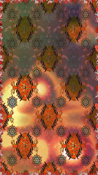 Moda baskıları için zarif bir şablon. Halk tarzı. Modern çiçek arkaplanı. Parlak renkli çiçekleri ve kahverengi ve turuncu renkli yaprakları olan şaşırtıcı, pürüzsüz çiçek deseni..