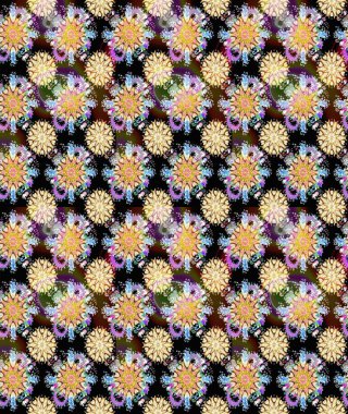 Raster. Siyah ve bej renkli güzel çiçeklerle kusursuz desen, suluboya çiçek deseni, duvar kağıdı, kart veya kumaş için fayanslı.