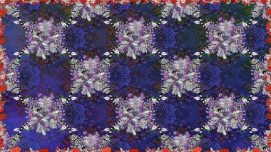 Çiçekli, suluboya desenli kusursuz çiçek deseni. Düz Çiçek Elementleri Tasarım Raster illüstrasyonu. Mor ve gri renkte çiçekler. Renkli Bahar Temalı Düz Arkaplan.