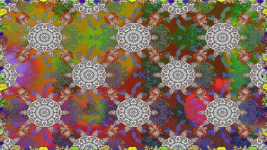 Raster Çiçek İllüstrasyonu güzel tekstil. Kahverengi ve gri renklerde etnik çiçeklerle kusursuz bir desen..