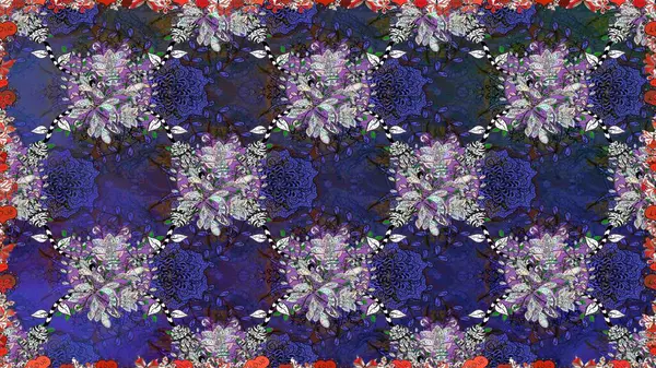 Çiçekli, suluboya desenli kusursuz çiçek deseni. Düz Çiçek Elementleri Tasarım Raster illüstrasyonu. Mor ve gri renkte çiçekler. Renkli Bahar Temalı Düz Arkaplan.