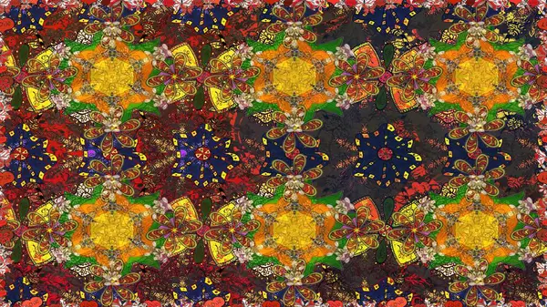 Çiçek deseni. Renkli Bahar Temalı Kusursuz Arkaplan. Kusursuz Chichi kumaş deseni. Düz Çiçek Elementleri Tasarımı. Raster illüstrasyonu.