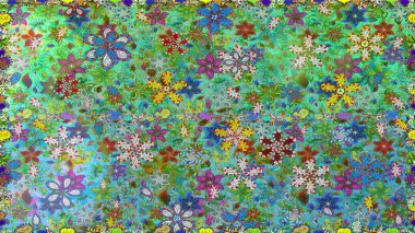 El çizimi çiçek unsurları olan soyut, dikişsiz raster deseni. Çiçekli ipek eşarp. Retro tekstil tasarım koleksiyonu. Yeşil ve mavi, yeşil ve maviye. 1950 'ler-1960' lar motifleri.