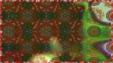 Raster illüstrasyonu. Raster deseni. Kahverengi ve yeşil renklerde bahar çiçekleri. Patlayan çiçekler soyut yerleştirilmiş.