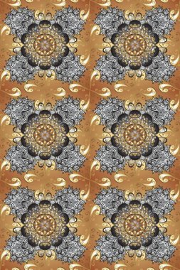 Altın elementli bej, gri ve kahverengi renkler. Raster altın desen. Doğu tarzı arabesk. Raster illüstrasyonu. Kusursuz altın desenli bukleler..