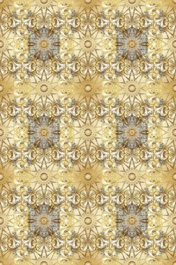 Raster. Kusursuz altın desenli bukleler. Hassas altın deseni açın. Parlak dantel, stilize çiçekler, şal desenli. Doğulu arabeskler. Altın elementlerle bej, kahverengi renklerde pürüzsüz desen.