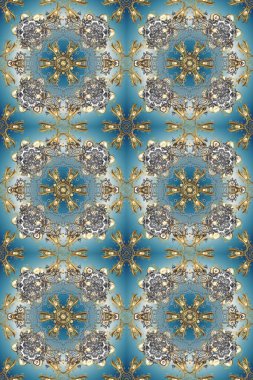 Süslü raster dekorasyonu. Altın desenli mavi, gri ve nötr renklerde altın elementler. Barok tarzında duvar kağıdı tasarımı için kusursuz damaske deseni arkaplanı.