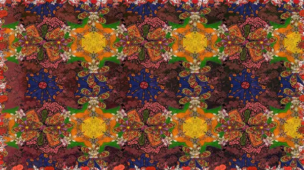 Kahverengi ve turuncu renklerde zarif çiçekli suluboya. Renkli Bahar Temalı Kusursuz Arkaplan. Raster illüstrasyonu. Düz Çiçek Elementleri Tasarımı.