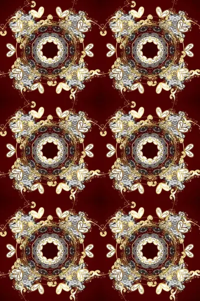 Kahverengi, kırmızı ve bej renklerde altın element. Doku arka planında altın duvar kâğıdı. Damask kusursuz yinelenen arkaplan. Barok tarzında altın çiçekli süs..