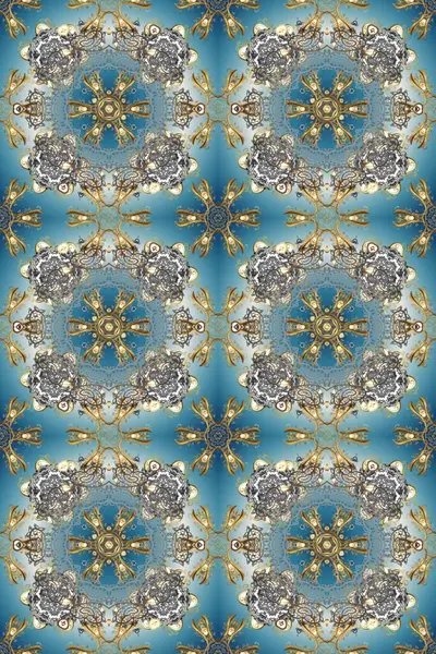 Süslü raster dekorasyonu. Altın desenli mavi, gri ve nötr renklerde altın elementler. Barok tarzında duvar kağıdı tasarımı için kusursuz damaske deseni arkaplanı.
