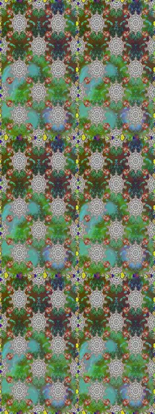 Raster Çiçek İllüstrasyonu 'nun şirin tekstili. Yeşil renkli etnik çiçeklerle kusursuz bir desen..