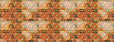 Turuncu renklerde, altın elementlerle kusursuz desen. Geleneksel oryantasyon süsü. Raster illüstrasyonu. Kusursuz klasik raster altın desenli. Klasik vintage arkaplan.