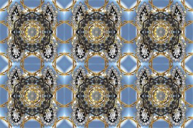 Raster. Kusursuz altın desenli bukleler. Parlak dantel, stilize çiçekler, şal desenli. Hassas altın deseni açın. Gri üzerinde kusursuz desen, altın elementli mavi renk. Doğu tarzı arabesk
