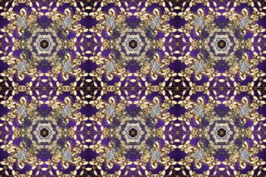 Vintage design element in Eastern style. Raster seamless pattern with floral ornament. Traditional arabic decor on beige, violet and brown colors. Golden ornate illustration for wallpaper.