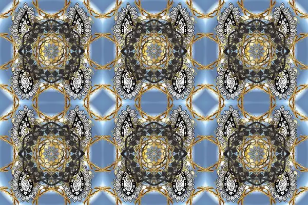 Raster. Kusursuz altın desenli bukleler. Parlak dantel, stilize çiçekler, şal desenli. Hassas altın deseni açın. Gri üzerinde kusursuz desen, altın elementli mavi renk. Doğu tarzı arabesk