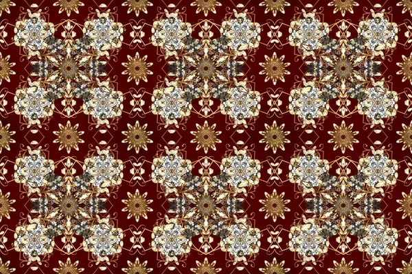 Brown, beige and red colors with golden elements. Raster golden floral ornament brocade textile and glass pattern. Gold metal with floral pattern. Seamless golden pattern.