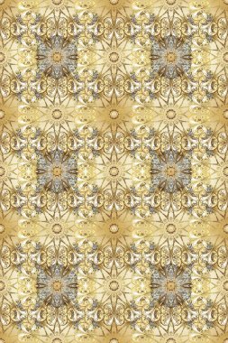 Raster. Kusursuz altın desenli bukleler. Hassas altın deseni açın. Parlak dantel, stilize çiçekler, şal desenli. Doğulu arabeskler. Altın elementlerle bej, kahverengi renklerde pürüzsüz desen.