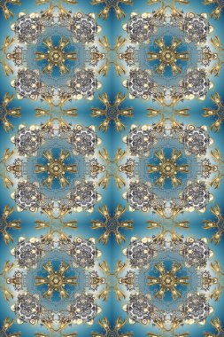 Süslü raster dekorasyonu. Altın desenli mavi, gri ve nötr renklerde altın elementler. Barok tarzında duvar kağıdı tasarımı için kusursuz damaske deseni arkaplanı.