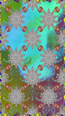 Kusursuz etnik tasarım. Yatak çarşafları, ceket, paket tasarımı, kumaş ve moda kavramları için tekstil baskısı. Çiçekleri, deniz kabukları, mandalaları ve suluboya efektleri olan deniz altyapısı.