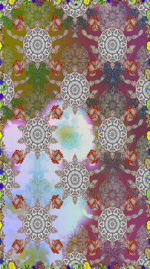 Raster deseni. Bahar çiçekleri dallı desen, gri ve kahverengi renkler çiçekli siluet.